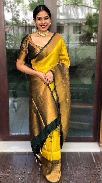 Mayawye Women's Litchi silk Printed Saree With Unstitched Blouse (Yellow)