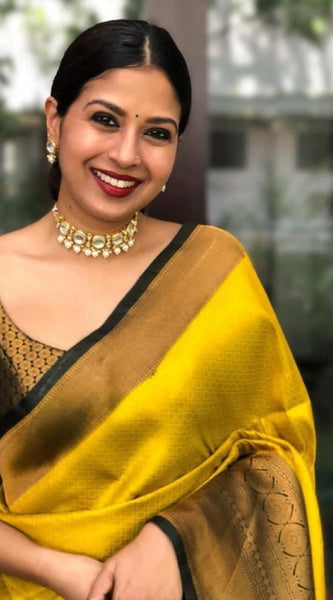 Mayawye Women's Litchi silk Printed Saree With Unstitched Blouse (Yellow)