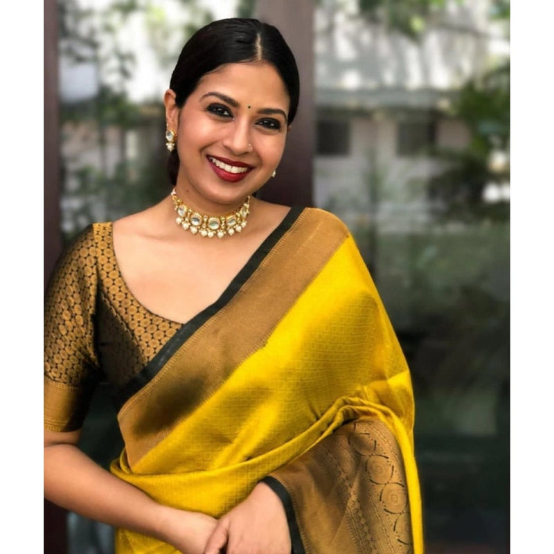 Mayawye Women's Litchi silk Printed Saree With Unstitched Blouse (Yellow)