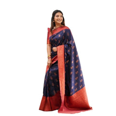 Mayawye Women's Litchi silk Printed Saree With Unstitched Blouse (Blue)
