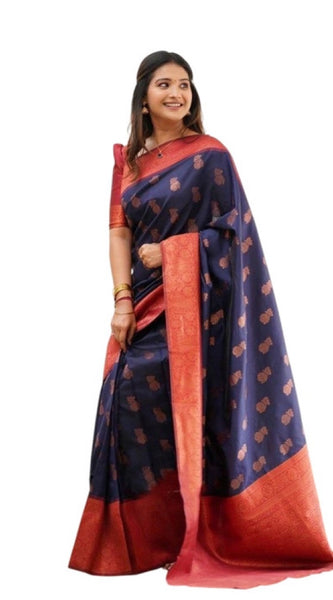 Mayawye Women's Litchi silk Printed Saree With Unstitched Blouse (Blue)