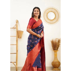 Mayawye Women's Litchi silk Printed Saree With Unstitched Blouse (Blue)