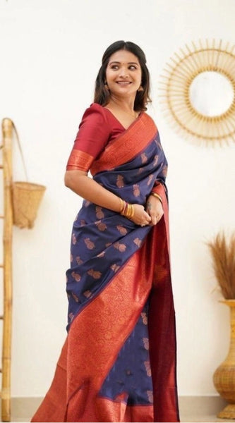Mayawye Women's Litchi silk Printed Saree With Unstitched Blouse (Blue)