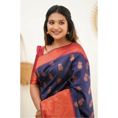 Mayawye Women's Litchi silk Printed Saree With Unstitched Blouse (Blue)