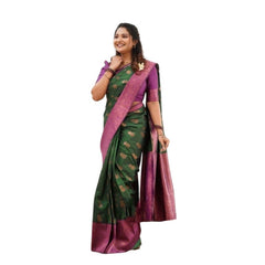 Mayawye Women's Litchi silk Printed Saree With Unstitched Blouse (Green)
