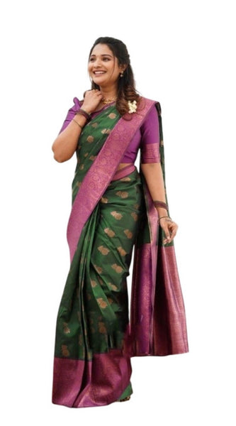 Mayawye Women's Litchi silk Printed Saree With Unstitched Blouse (Green)