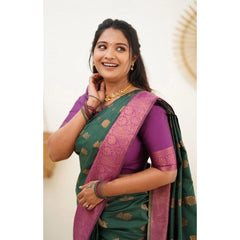 Mayawye Women's Litchi silk Printed Saree With Unstitched Blouse (Green)