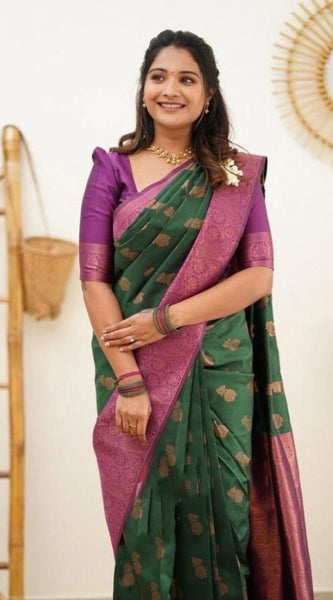 Mayawye Women's Litchi silk Printed Saree With Unstitched Blouse (Green)