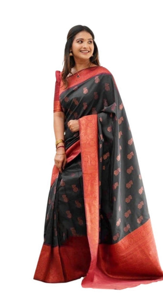 Mayawye Women's Litchi silk Printed Saree With Unstitched Blouse (Grey)