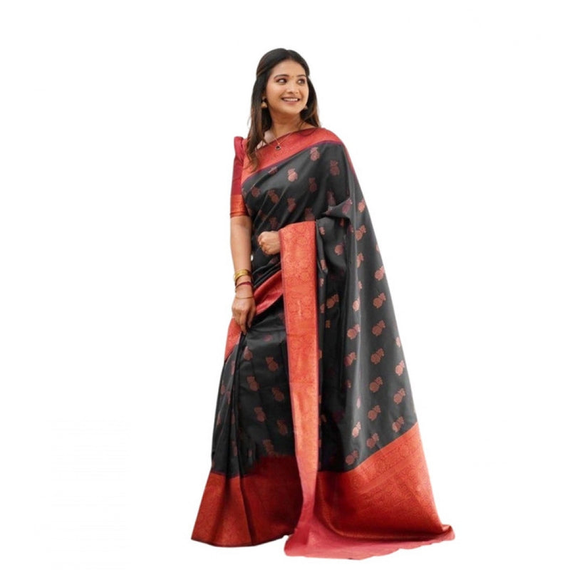 Mayawye Women's Litchi silk Printed Saree With Unstitched Blouse (Grey)
