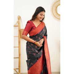 Mayawye Women's Litchi silk Printed Saree With Unstitched Blouse (Grey)