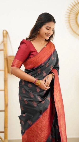 Mayawye Women's Litchi silk Printed Saree With Unstitched Blouse (Grey)