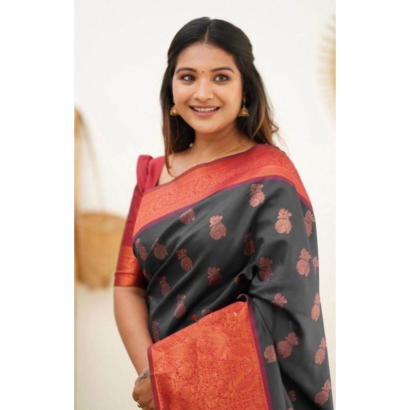 Mayawye Women's Litchi silk Printed Saree With Unstitched Blouse (Grey)