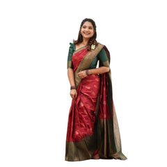 Mayawye Women's Litchi silk Printed Saree With Unstitched Blouse (Red)