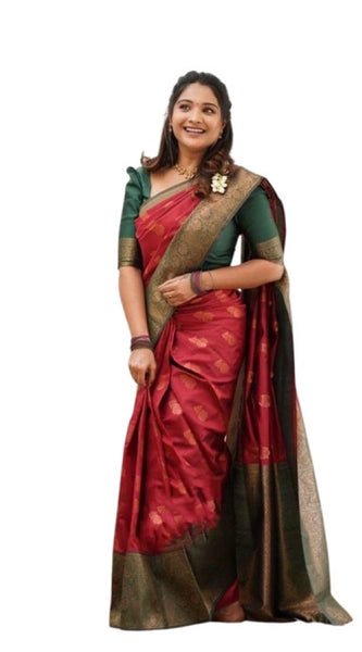 Mayawye Women's Litchi silk Printed Saree With Unstitched Blouse (Red)