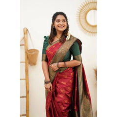 Mayawye Women's Litchi silk Printed Saree With Unstitched Blouse (Red)
