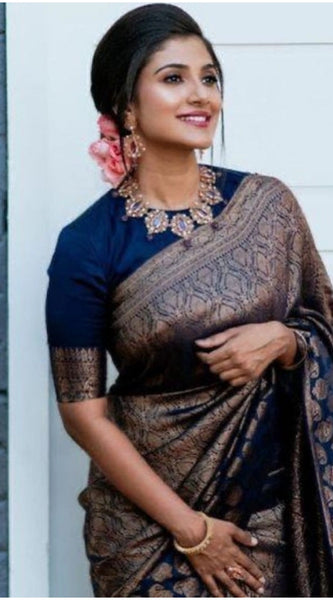 Mayawye Women's Litchi silk Printed Saree With Unstitched Blouse (Blue)