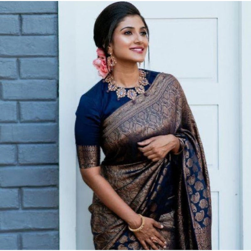 Mayawye Women's Litchi silk Printed Saree With Unstitched Blouse (Blue)
