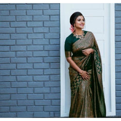 Mayawye Women's Litchi silk Printed Saree With Unstitched Blouse (Green)