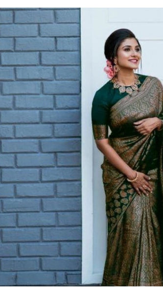 Mayawye Women's Litchi silk Printed Saree With Unstitched Blouse (Green)