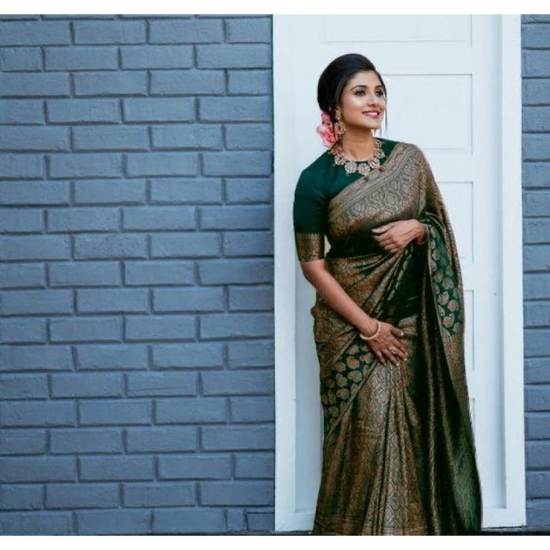 Mayawye Women's Litchi silk Printed Saree With Unstitched Blouse (Green)