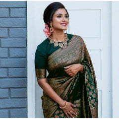 Mayawye Women's Litchi silk Printed Saree With Unstitched Blouse (Green)