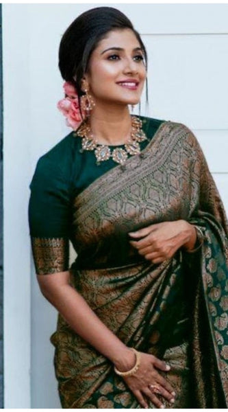 Mayawye Women's Litchi silk Printed Saree With Unstitched Blouse (Green)