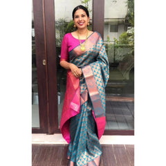 Mayawye Women's Litchi silk Printed Saree With Unstitched Blouse (Blue)