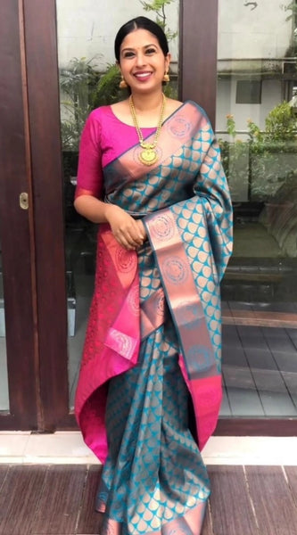 Mayawye Women's Litchi silk Printed Saree With Unstitched Blouse (Blue)