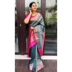 Mayawye Women's Litchi silk Printed Saree With Unstitched Blouse (Blue)