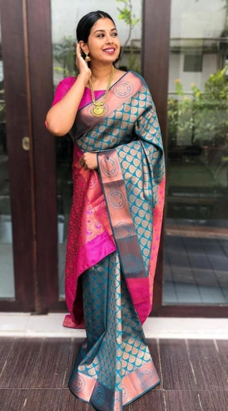 Mayawye Women's Litchi silk Printed Saree With Unstitched Blouse (Blue)