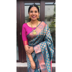 Mayawye Women's Litchi silk Printed Saree With Unstitched Blouse (Blue)