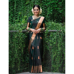 Mayawye Women's Litchi silk Printed Saree With Unstitched Blouse (Green)