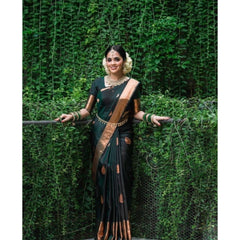 Mayawye Women's Litchi silk Printed Saree With Unstitched Blouse (Green)