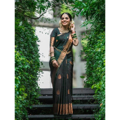 Mayawye Women's Litchi silk Printed Saree With Unstitched Blouse (Green)