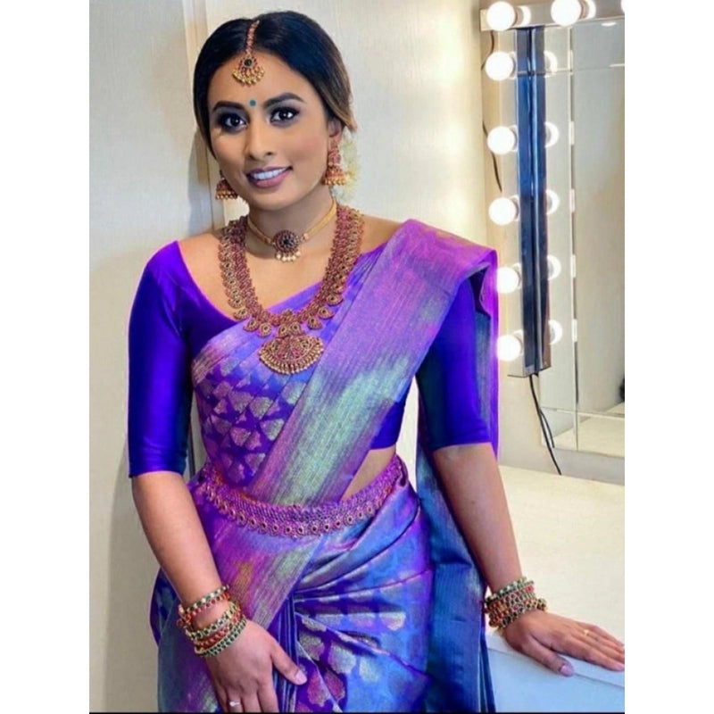 Mayawye Women's Litchi silk Printed Saree With Unstitched Blouse (Blue)