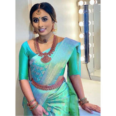 Mayawye Women's Litchi silk Printed Saree With Unstitched Blouse (Green)