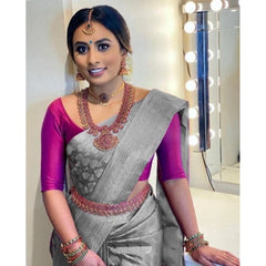 Mayawye Women's Litchi silk Printed Saree With Unstitched Blouse (Grey)