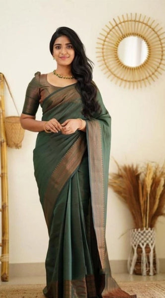 Mayawye Women's Litchi silk Printed Saree With Unstitched Blouse (Green)