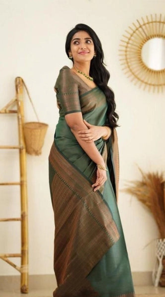 Mayawye Women's Litchi silk Printed Saree With Unstitched Blouse (Green)