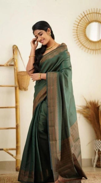 Mayawye Women's Litchi silk Printed Saree With Unstitched Blouse (Green)