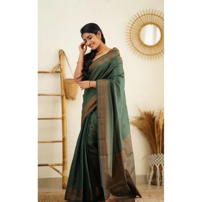 Mayawye Women's Litchi silk Printed Saree With Unstitched Blouse (Green)