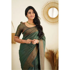 Mayawye Women's Litchi silk Printed Saree With Unstitched Blouse (Green)