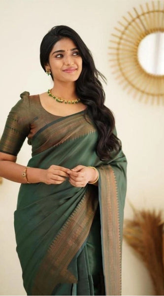Mayawye Women's Litchi silk Printed Saree With Unstitched Blouse (Green)