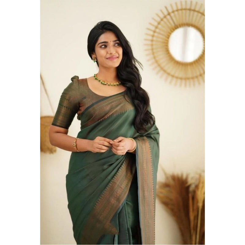 Mayawye Women's Litchi silk Printed Saree With Unstitched Blouse (Green)