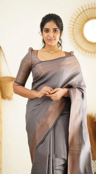 Mayawye Women's Litchi silk Printed Saree With Unstitched Blouse (Grey)