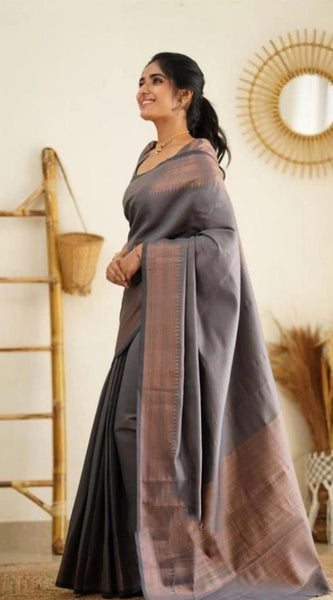 Mayawye Women's Litchi silk Printed Saree With Unstitched Blouse (Grey)