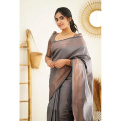 Mayawye Women's Litchi silk Printed Saree With Unstitched Blouse (Grey)