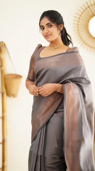 Mayawye Women's Litchi silk Printed Saree With Unstitched Blouse (Grey)