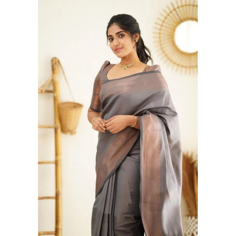 Mayawye Women's Litchi silk Printed Saree With Unstitched Blouse (Grey)